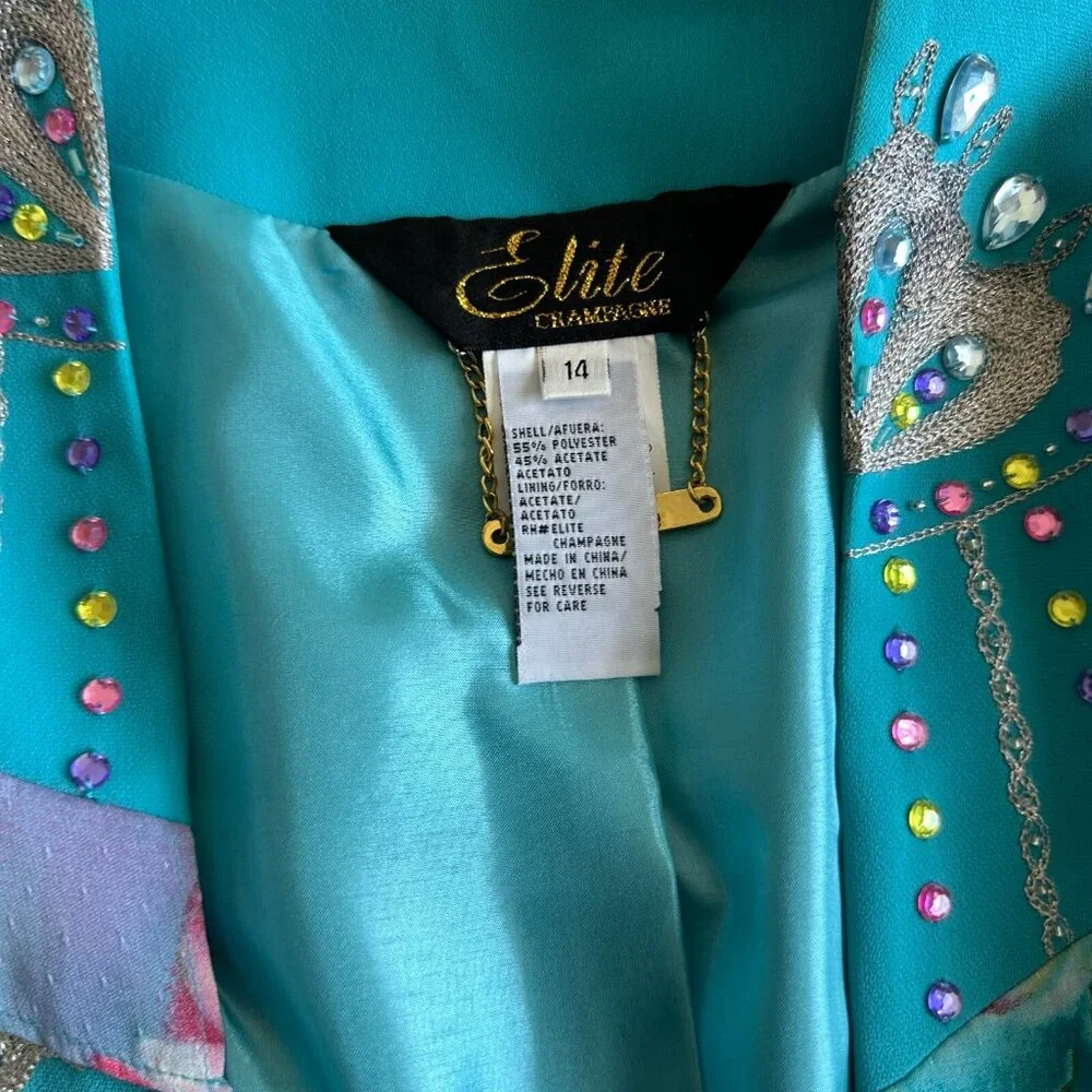 Elite Champagne Women's Blue Bedazzled Flowy Suit‎ Jacket Puff Sleeves Size 14
